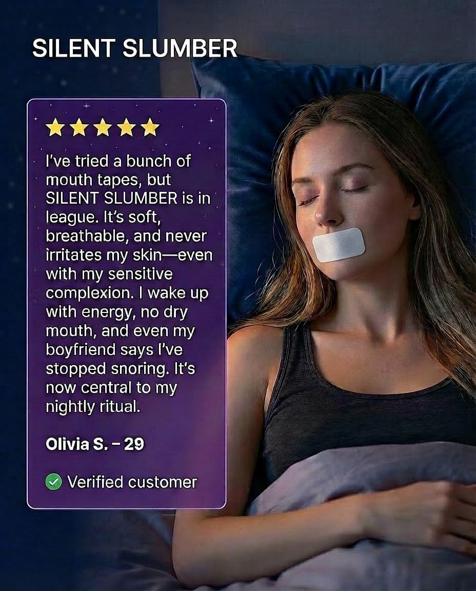 Woman sleeping with a mouth cover, promotional text for 'Silent Slumber' product.