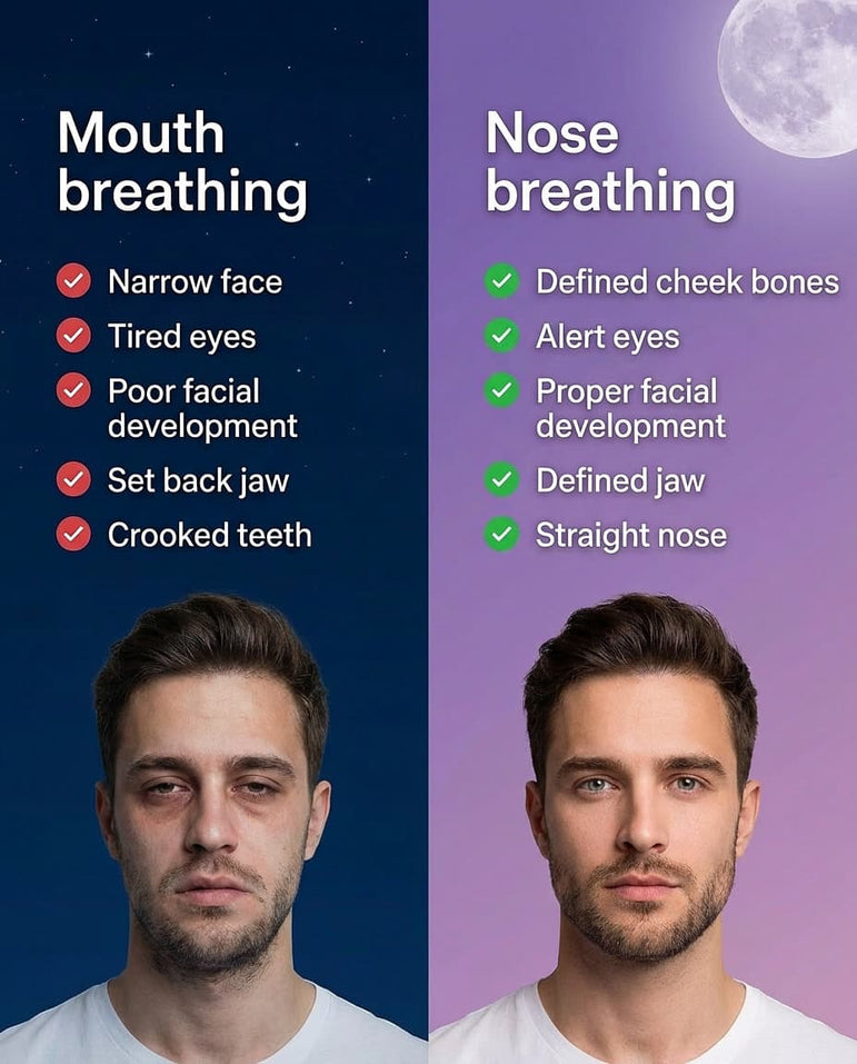 Comparison chart showing differences between mouth breathing and nose breathing on a man's face.