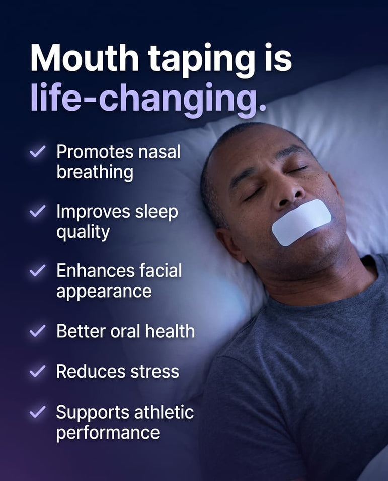 Person lying in bed with mouth tape on, promoting nasal breathing and sleep quality.