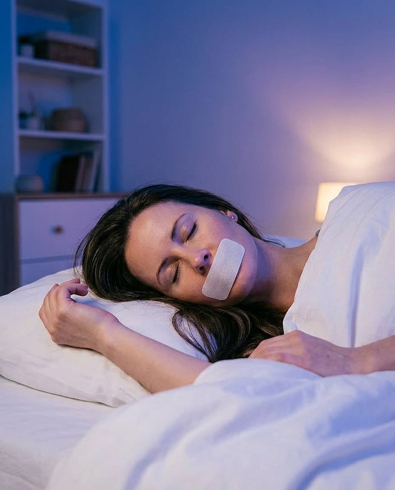 Woman lying in bed with a patch on her face in a bedroom setting