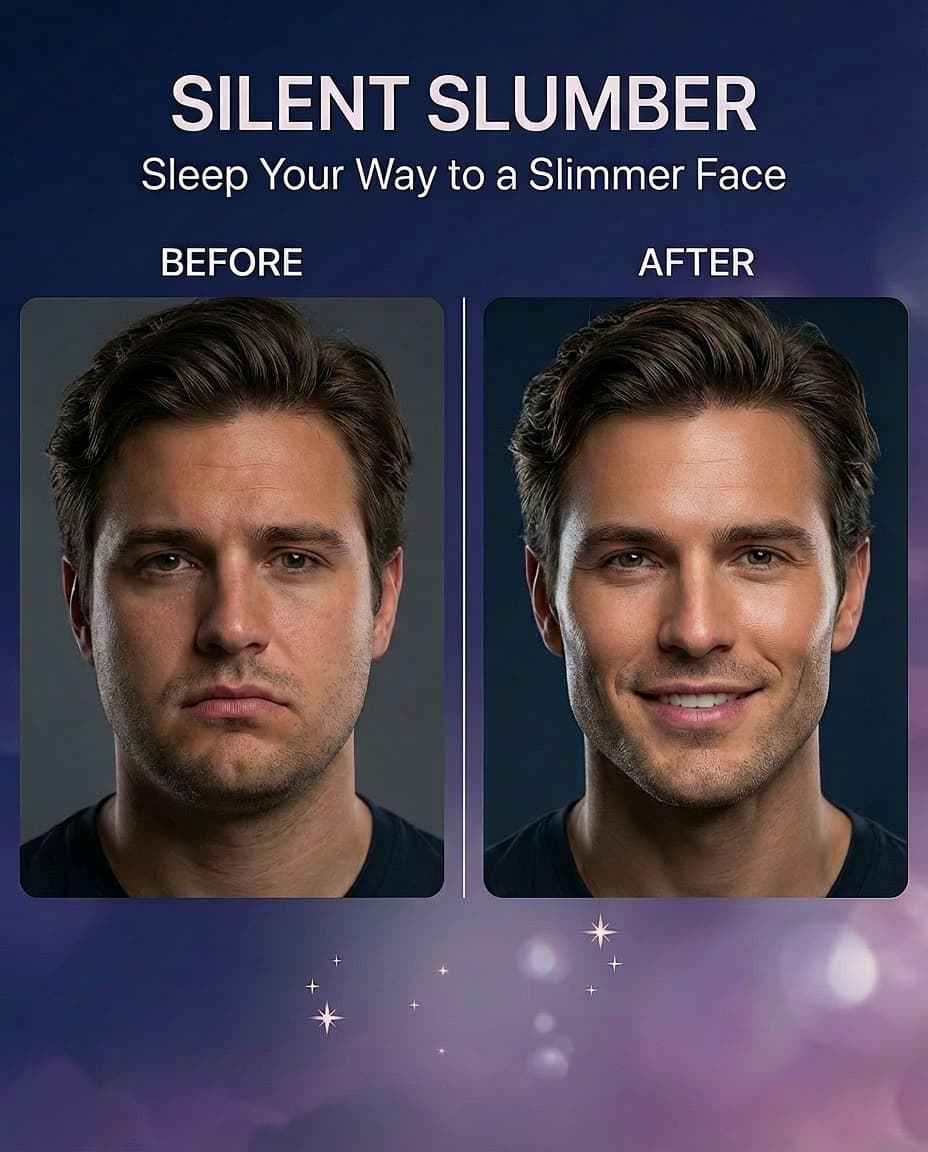 Before and after comparison of a man's face with 'Silent Slumber' text on a dark background.