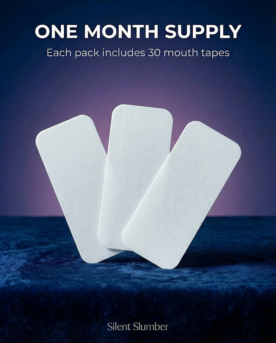 Three white mouth tapes on a dark blue background with text about a one-month supply and product name.